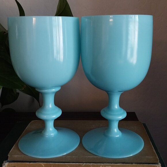 Pair Portieux Vallerysthal Turquoise Blue Opaline Water Goblets - Picture 5 of 11
